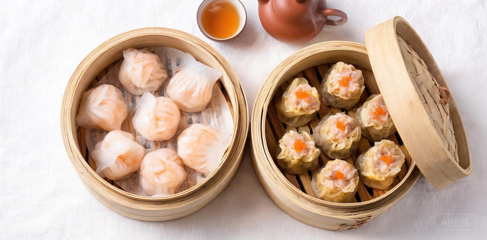 Steamed bamboo baskets of Cantonese dim sum dumplings