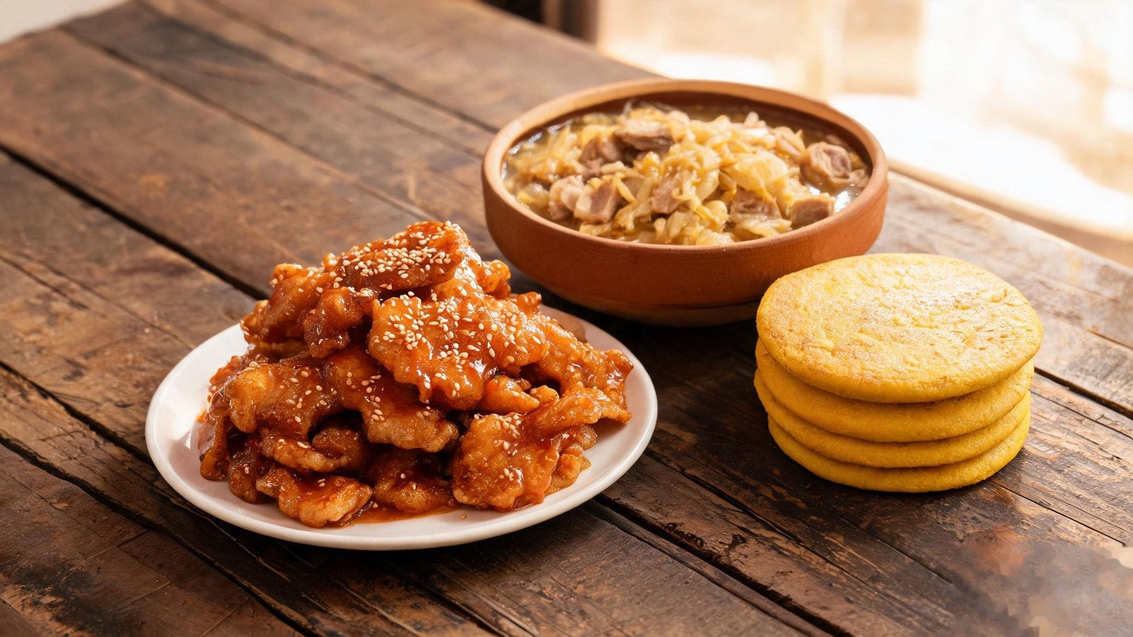 Crispy sweet-and-sour pork slices with pickled cabbage stew and cornmeal pancakes