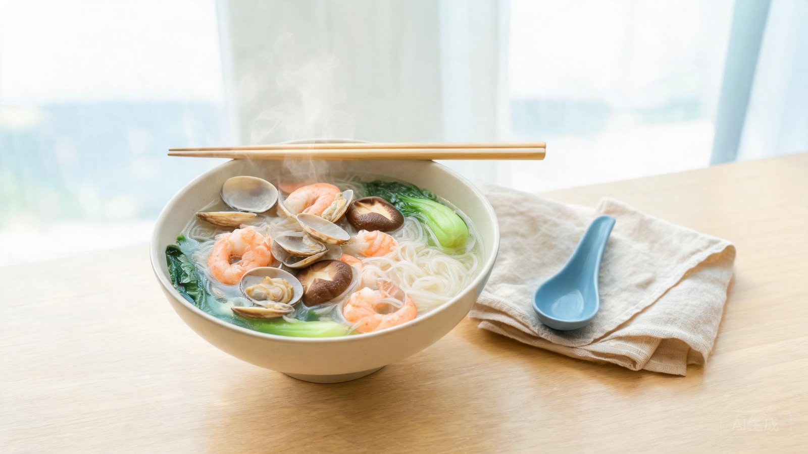 A bowl of Fujian rice noodle soup with seafood, mushrooms and greens