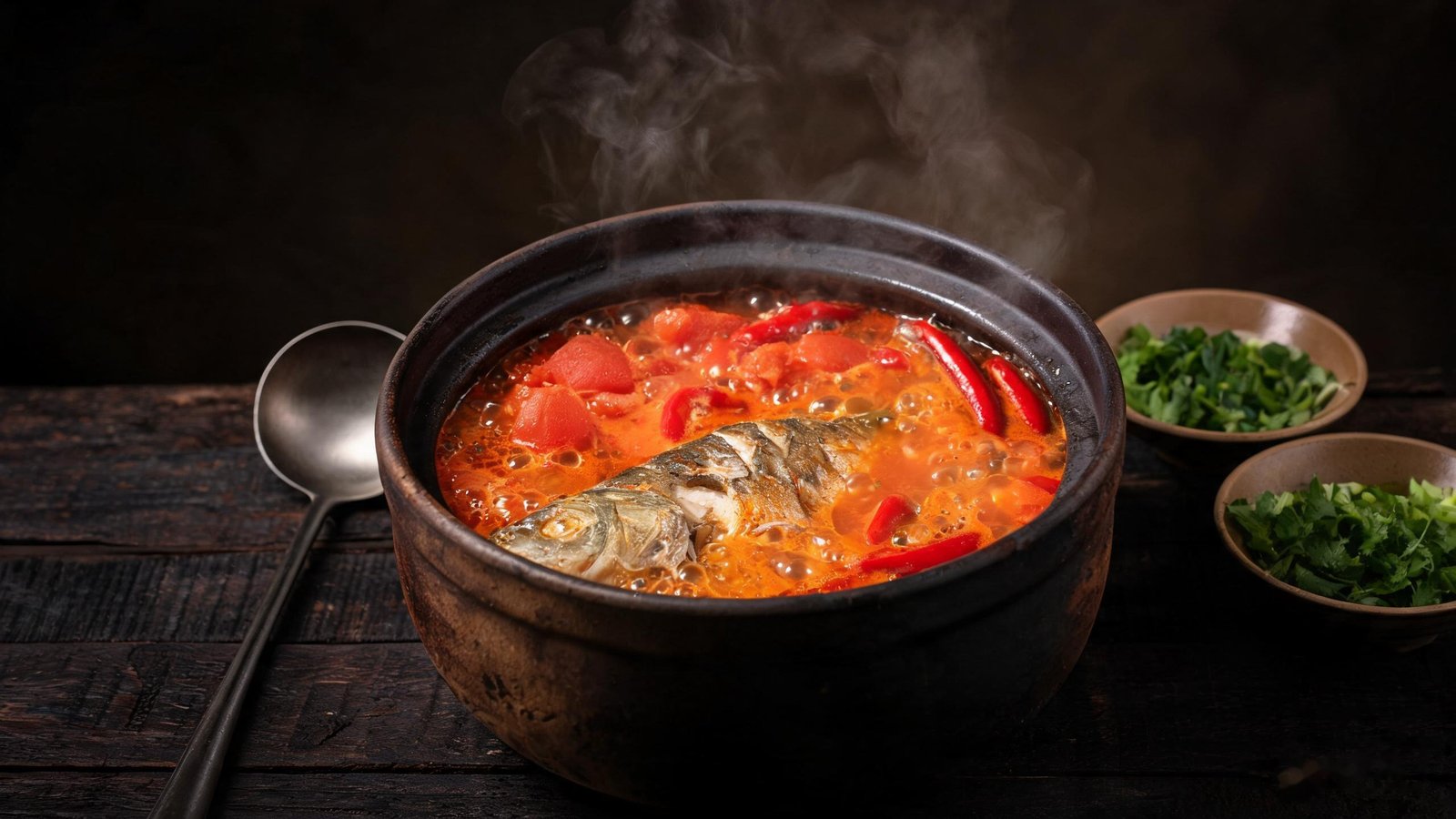 A bubbling pot of Guizhou sour fish soup with tomatoes and red chili