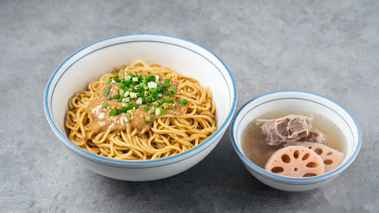 Wuhan hot dry noodles with scallions beside a bowl of lotus root and pork rib soup