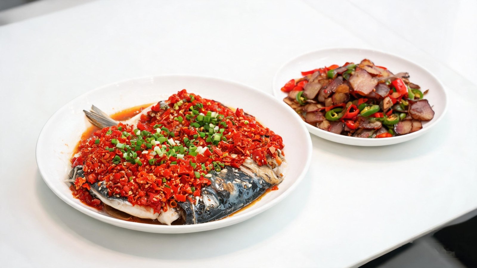 Hunan dishes covered in bright red chopped chilies