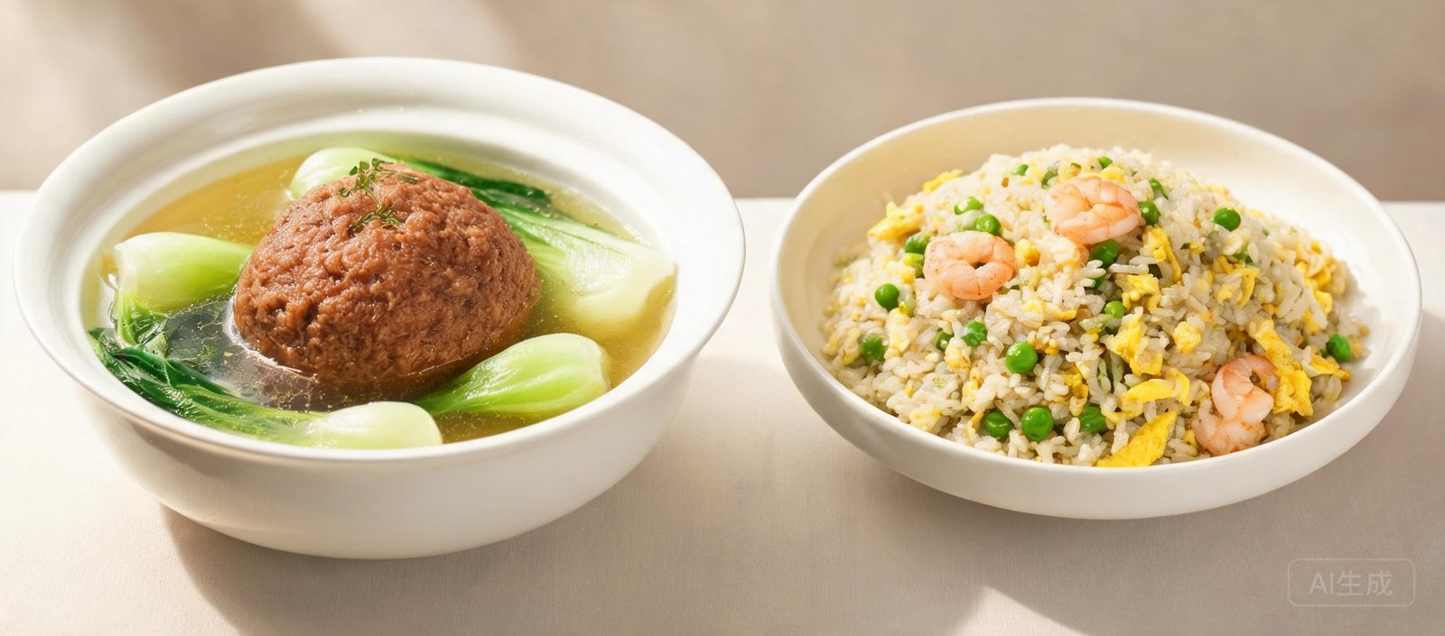 Lion's head meatballs and steamed Jiangsu dishes on white plates