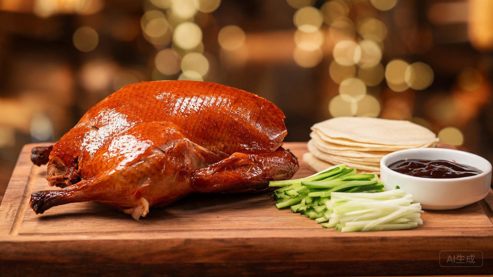 Peking duck carved and served with scallions, cucumber and thin crepe wrappers