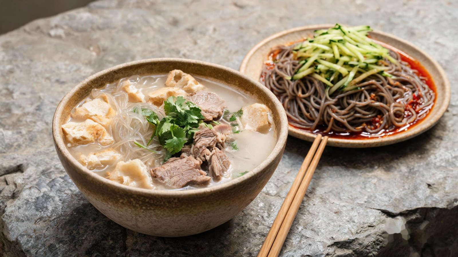 A bowl of Xi'an lamb paomo with coriander beside a plate of cold buckwheat noodles