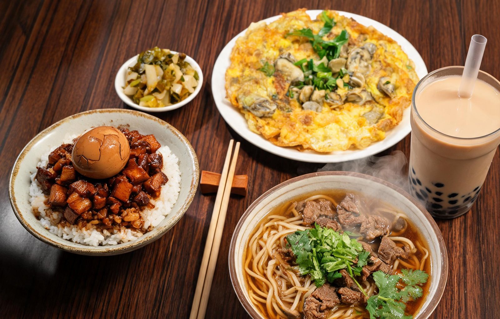 Taiwanese braised pork rice with a tea egg, oyster omelette, beef noodle soup and pearl milk tea