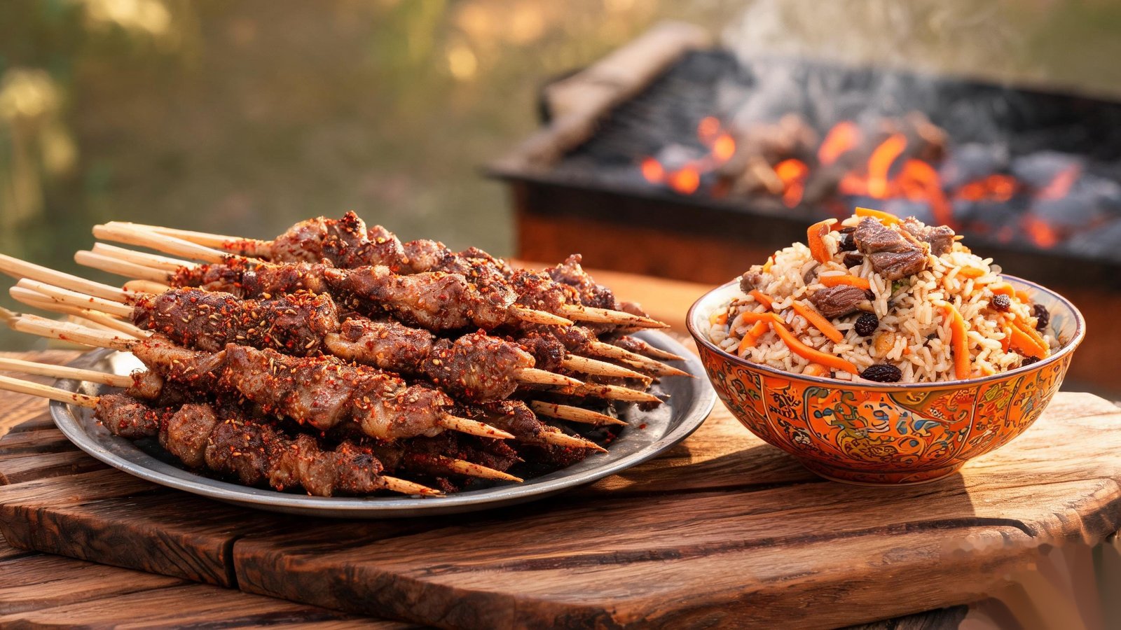 Cumin-dusted lamb skewers beside a bowl of Uyghur lamb pilaf with carrots and raisins