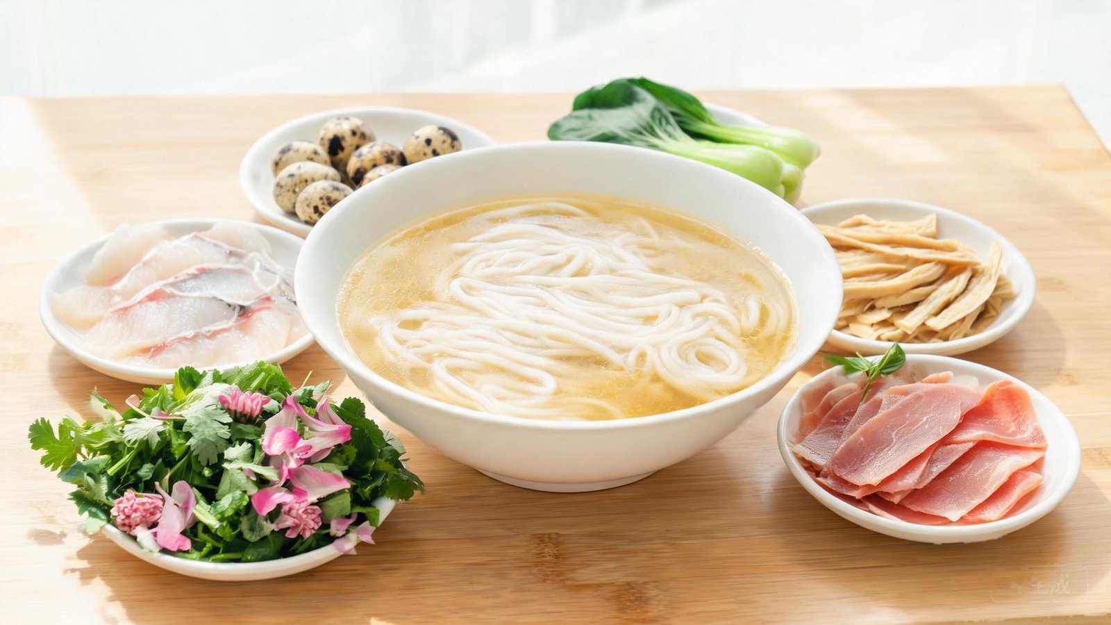 Crossing-the-Bridge rice noodles in clear broth with fresh herbs and side plates of ingredients