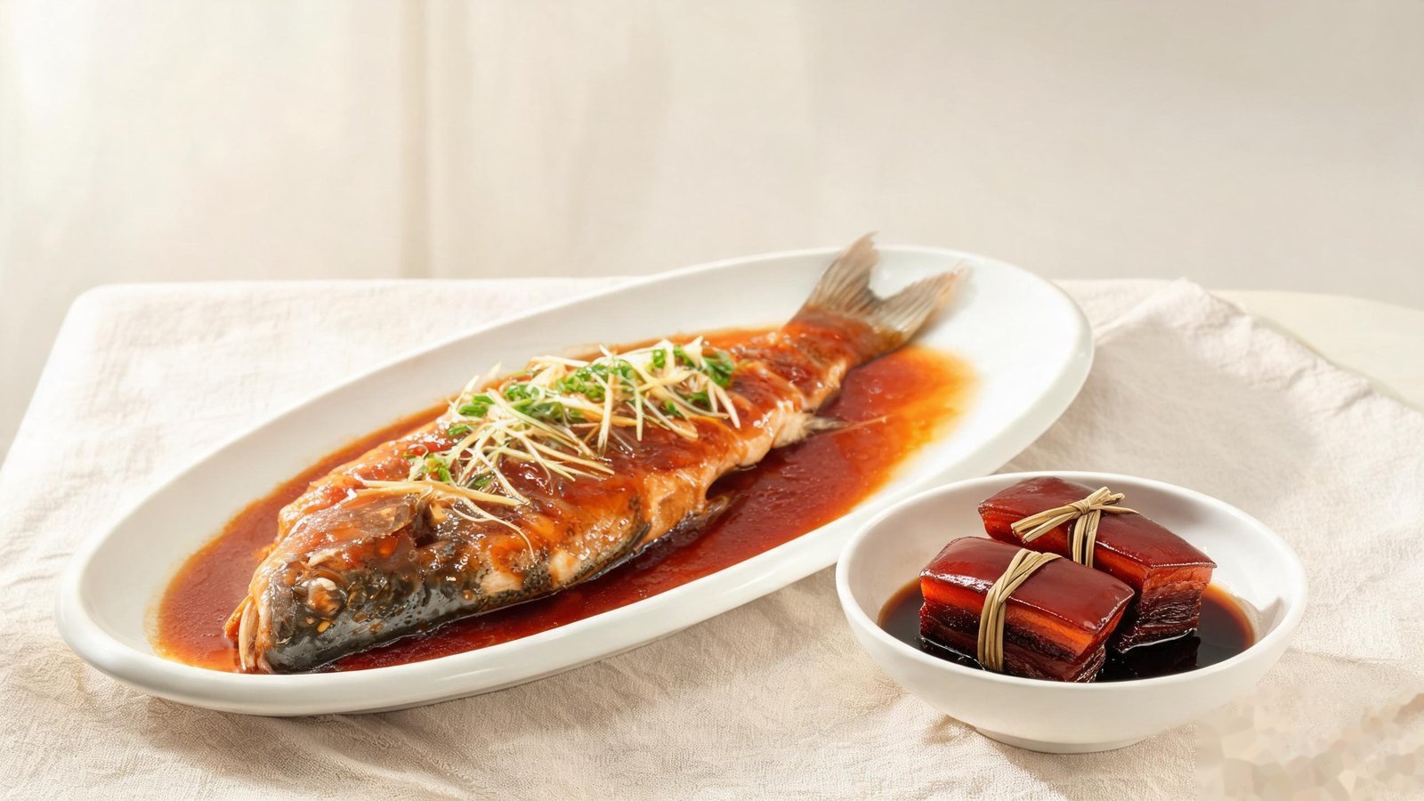 West Lake vinegar fish in sweet-and-sour sauce beside braised Dongpo pork