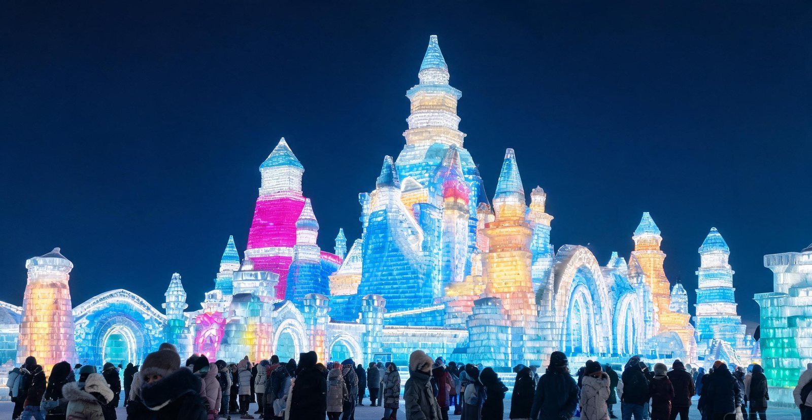 Ice sculptures lit up in Harbin in winter