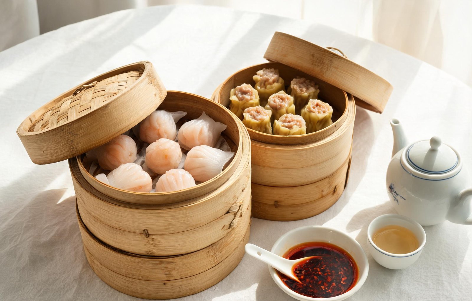 Bamboo steamers of Cantonese dim sum: shrimp dumplings, pork buns and rice rolls