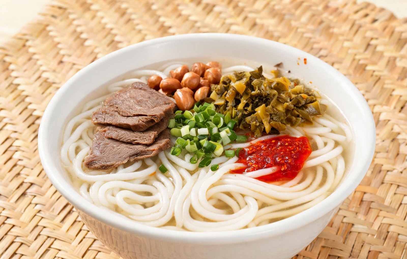 A bowl of Guilin rice noodles topped with peanuts, pickled vegetables and chili oil
