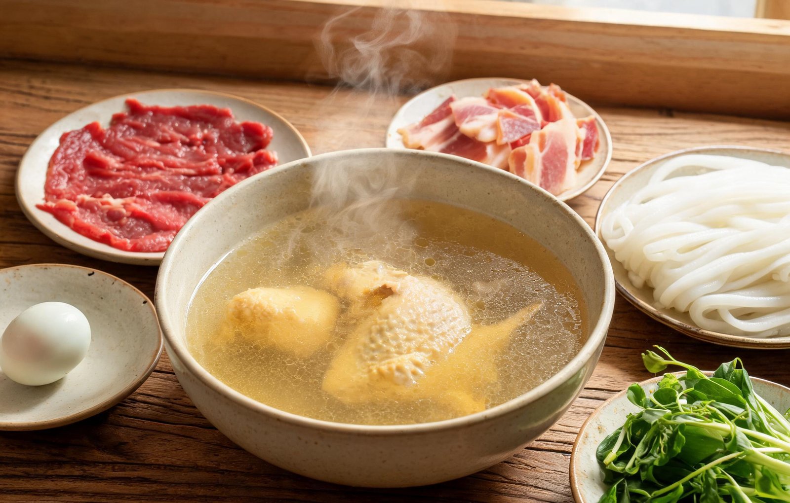 Crossing-the-Bridge noodles: boiling broth, raw side plates and a bowl of rice noodles