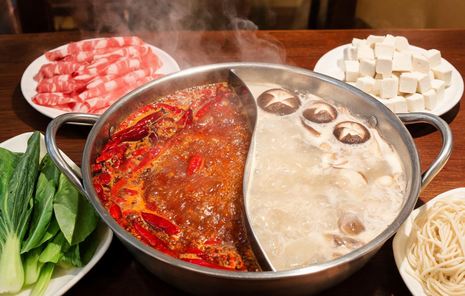 A bubbling Sichuan hotpot of red chili broth with plates of raw ingredients around it