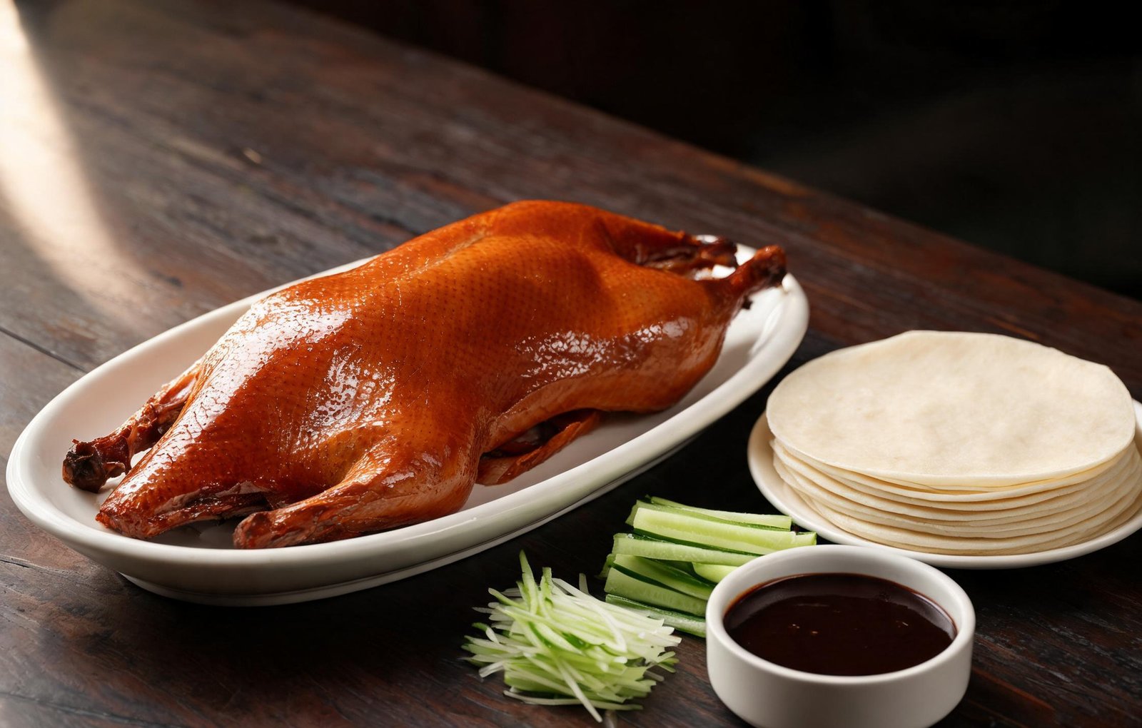 Peking duck, carved and served with thin pancakes, scallions, cucumber and sweet bean sauce