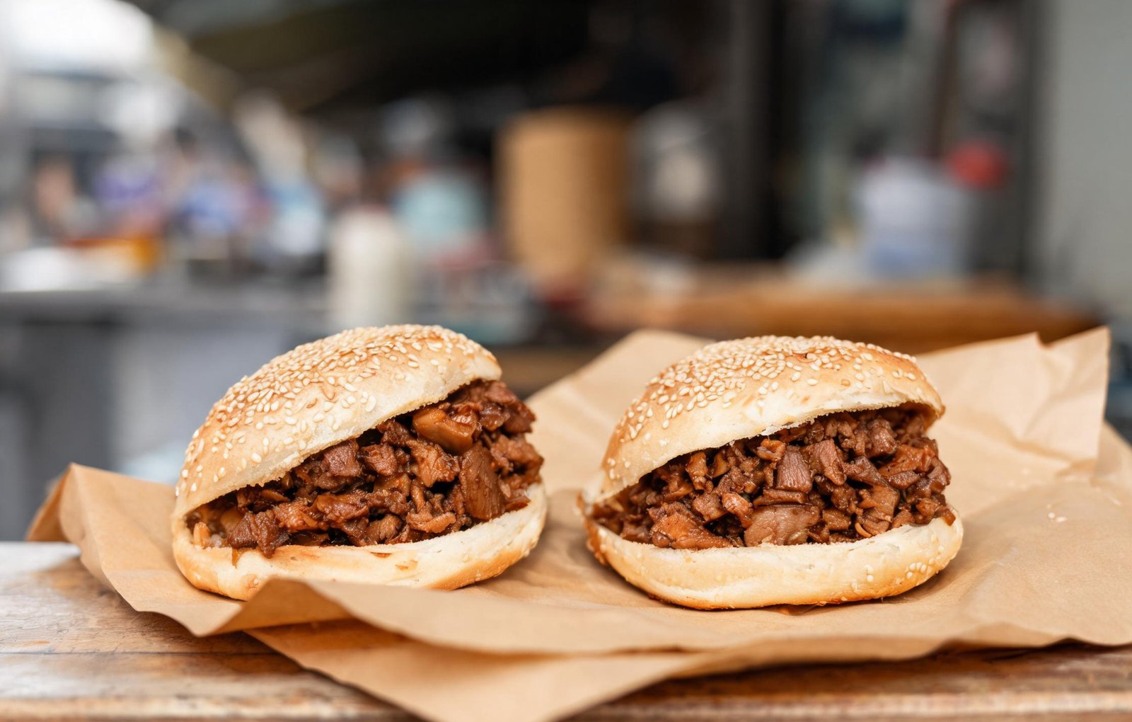 Roujiamo, braised pork chopped fine and stuffed into a crisp sesame bun