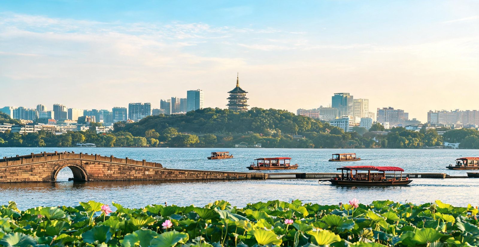 West Lake in Hangzhou with the modern city behind