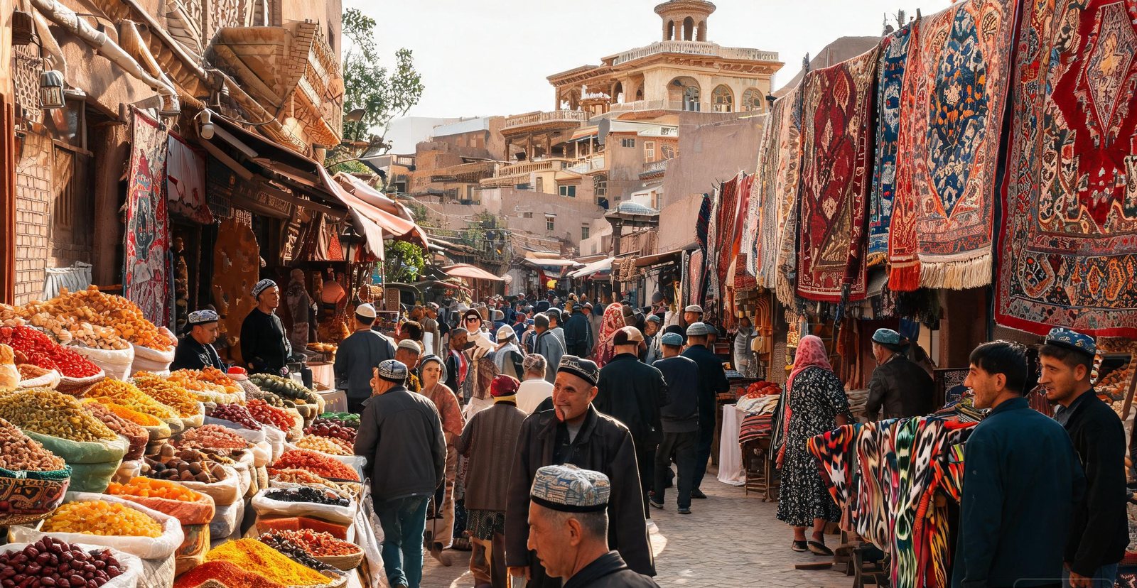 Busy market stalls at the Kashgar bazaar, Xinjiang