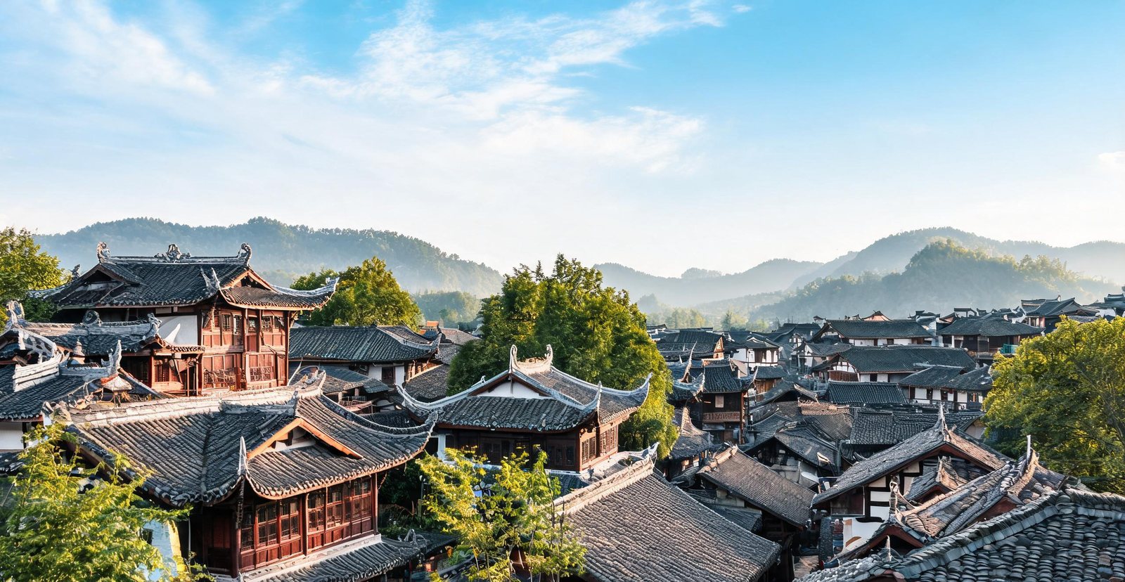 Traditional curved roofs in the old town of Langzhong