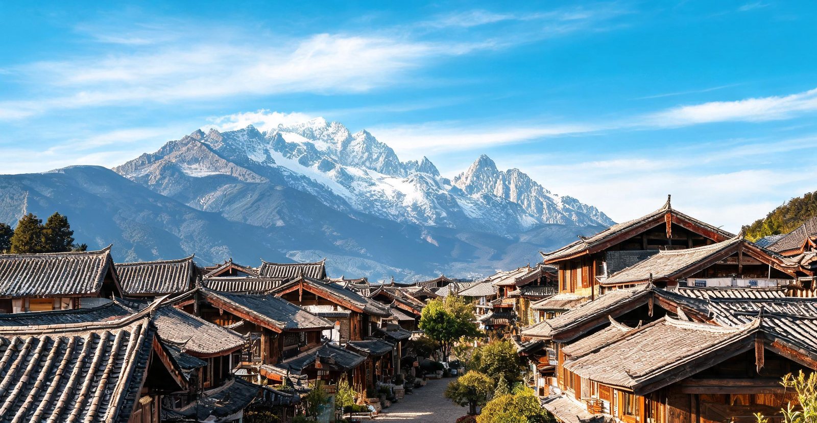 Snow-capped mountains behind the old town of Lijiang