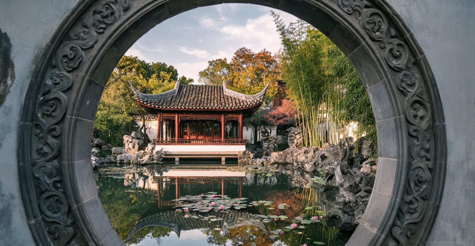 Moon gate and pavilion in a classical garden at Suzhou