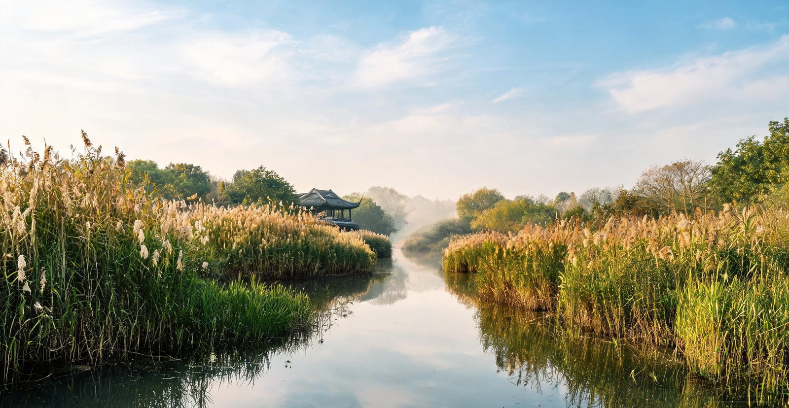 Reed channels in Xixi Wetland near Hangzhou