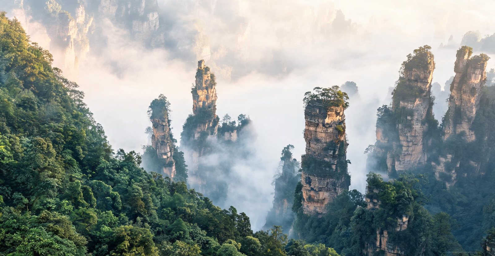 Quartz sandstone pillars in the mist at Zhangjiajie